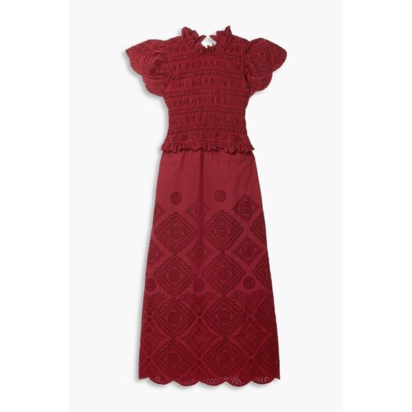 NWT Sea New York Vienne in Red Sheer Eyelet Smocked Midi Dress 12 $425